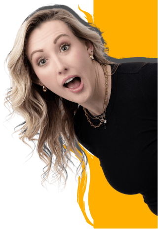 Christina, CPA at Paragon Accounting, playfully leaning with an orange flame graphic background
