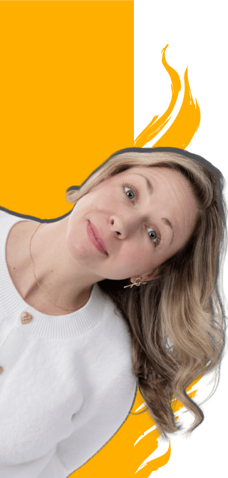 Kristen, CPA at Paragon Accounting, playfully leaning with an orange flame graphic background