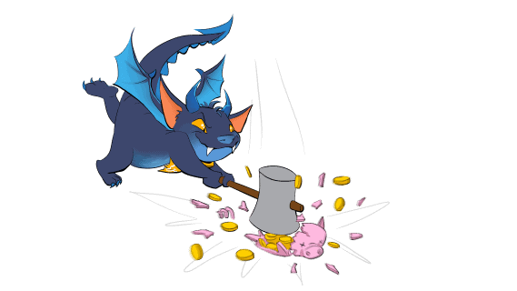 Lil Mischief the dragon smashing a piggy bank with a hammer, symbolizing breaking old money habits and reclaiming profit